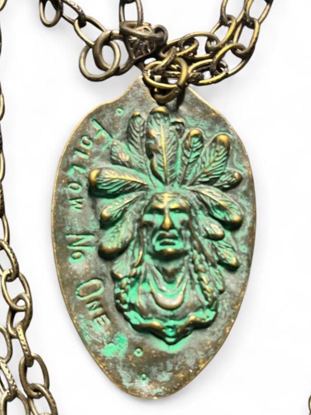 Native American Patina Necklace with Indian Chief, long adjustable